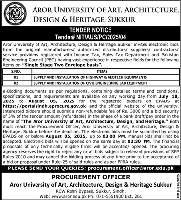 Aror University of Art, Agriculture, Design & Heritage Sukkur Tender Notice